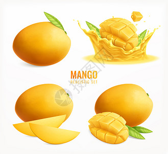 芒果切芒果集全熟水果与树叶切片的真实孤立图像水花矢量图解插画