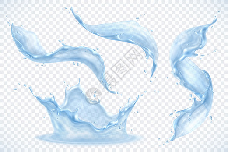 水溅出真实的集合与分离的图像半半透明流动的纯液体与滴矢量插图新鲜度高清图片素材