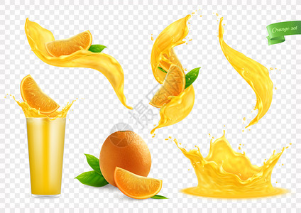 拟物icon橙汁飞溅收集与分离的图像液体流动下降整个水果片璃矢量插图插画