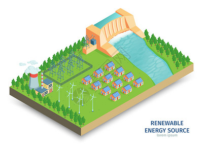 等距绿色能源成与电力基础设施与水力发电站风力涡轮机矢量插图背景图片