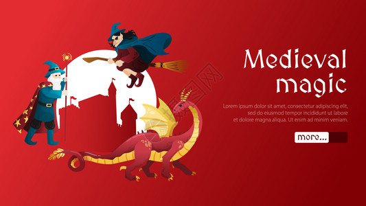 中世纪魔法水平网页横幅与巫师龙女巫红色城堡剪影背景平矢量插图背景图片