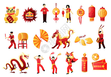 中国新庆祝图标与传统符号,仪式,服装,颜色红灯笼,火龙矢量插图图片