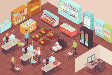 超市等距背景与买家支付他们的购买结帐向量插图图片
