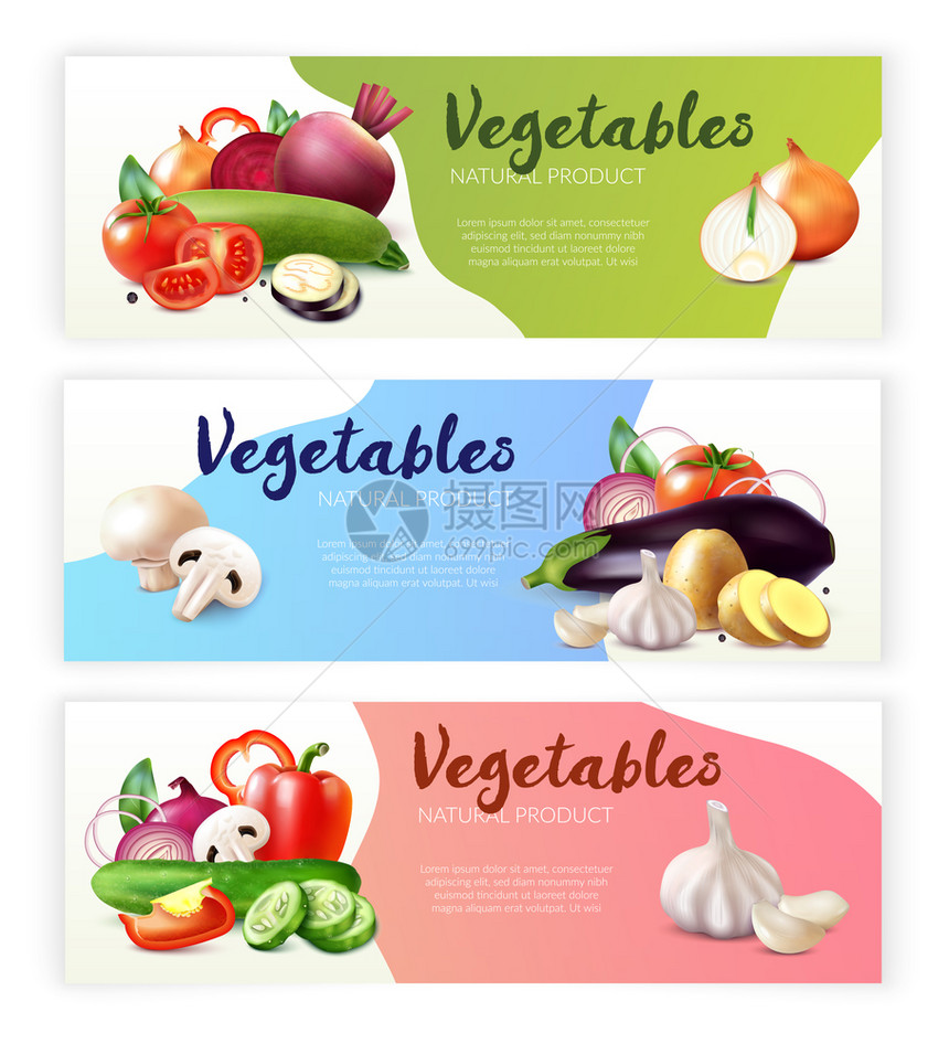现实的蔬菜水平横幅收集与三个成的成熟水果切片与可编辑的文本矢量插图图片
