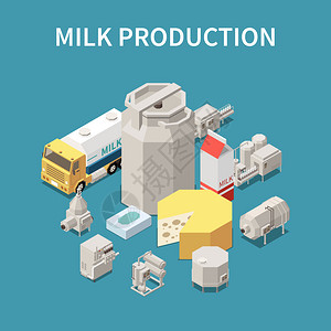 均匀乳制品生产与牛奶包装运输符号等距矢量插图插画