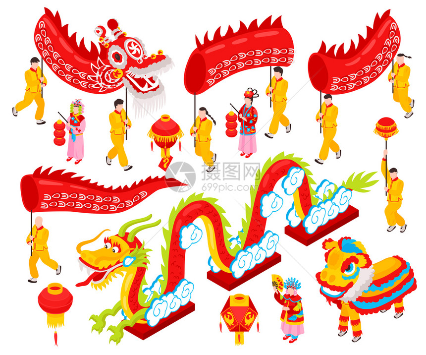 中国新等距套传统节日红灯笼龙部分孤立卡通矢量插图图片