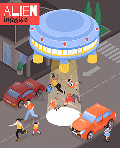 外星人入侵等距海报与惊的人飞碟降落城市道路矢量插图茶托高清图片素材