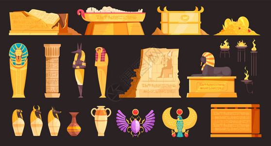 埃及埋葬提供罐子木乃伊棺材,坟墓,护身符,神墙,蚀刻元素,黑色背景矢量插图图片