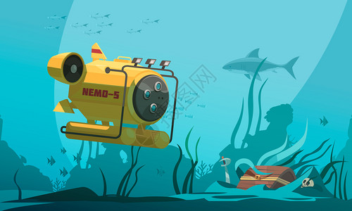 潜水舱接近底部的宝箱,被鱼海藻包围,水下背景矢量插图冒险高清图片素材