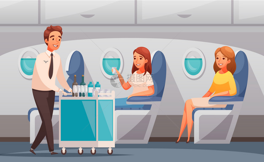 乘务员飞机卡通矢量插图中为乘客提供饮料图片
