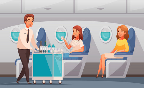 乘务员飞机卡通矢量插图中为乘客提供饮料图片