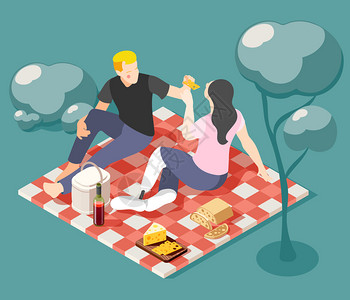 会合快乐的轻情侣自然等距背景矢量插图上野餐插画