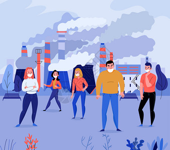 污染平坦的背景与群人戴着罩工厂附近污染空气矢量插图插画