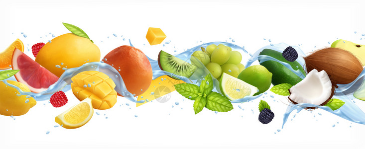 水果溅出真实的成分与成熟的水果切片运动与薄荷叶水矢量插图背景图片