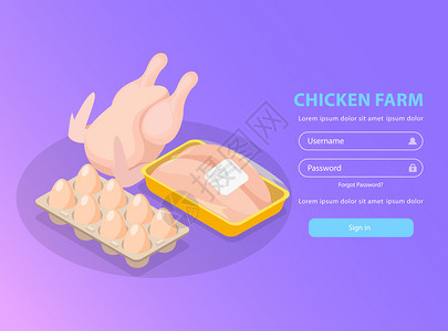 家禽鸡蛋鸡场等距背景登录页与可编辑的文本图像肉鸡蛋圆角矢量插图插画