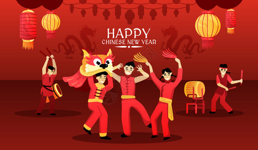 中国新贺卡海报与传统节日庆祝红灯笼舞狮表演矢量插图图片
