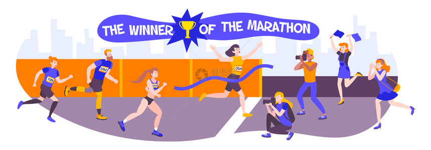 胜利者跑步者水平构图与城市景观剪影背景涂鸦人物的跑步者与文本矢量插图图片