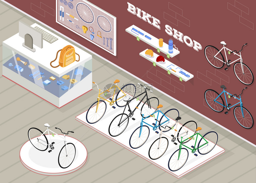 自行车店等距背景与自行车配件设备矢量插图图片