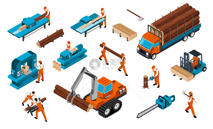 等距锯木厂木工工厂套图标与车辆工具人员统的矢量插图图片