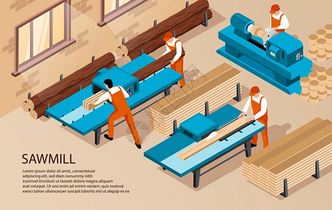 等距锯木厂水平背景与文字室内成的工人内部生产设施房屋矢量插图图片
