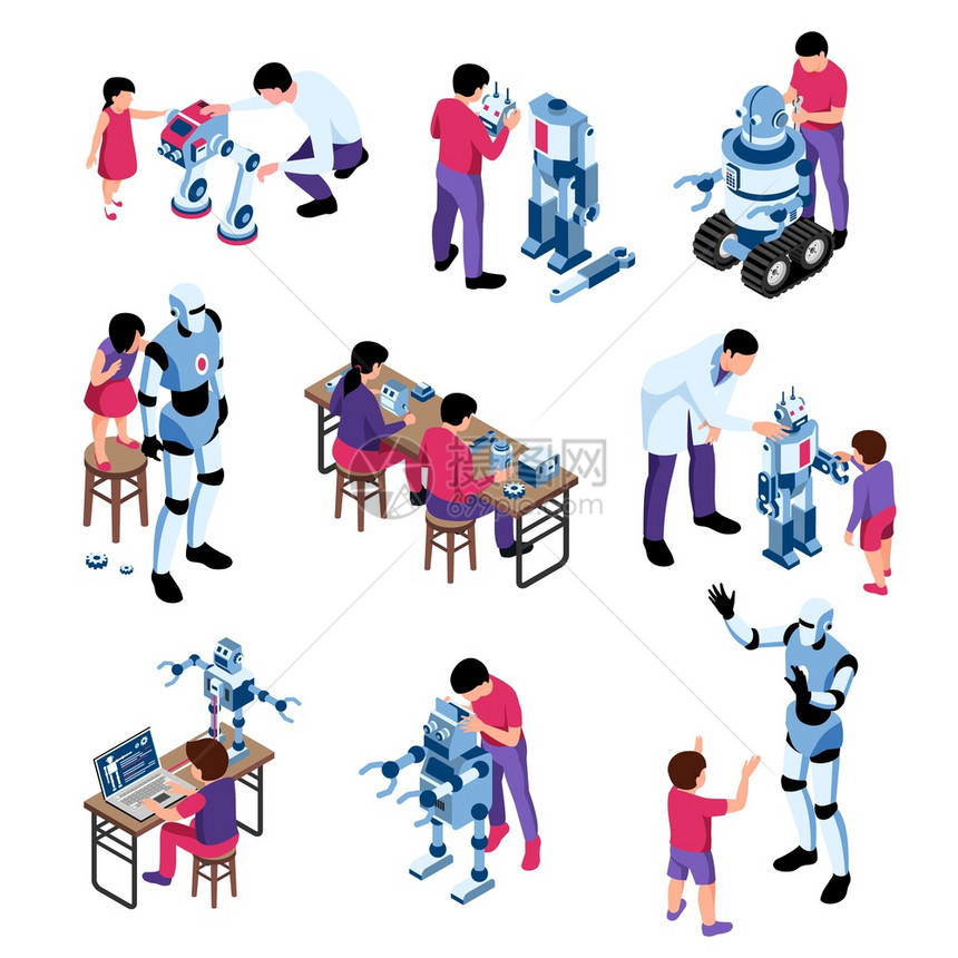 等距机器人儿童教育图标与成的Android机器人,儿童成人矢量插图图片