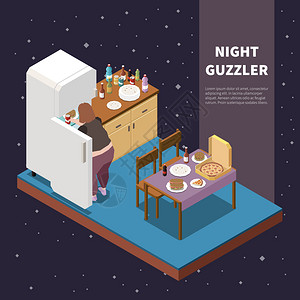 冰箱中的食物暴饮暴食等距与夜间Guzzler冰箱中取出食物3D矢量插图插画
