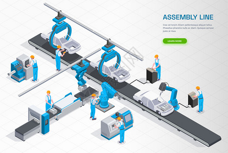 机械制造与自动化工业制造生产线设备等距成与汽车装配输送机操作员控制机械臂矢量插图插画