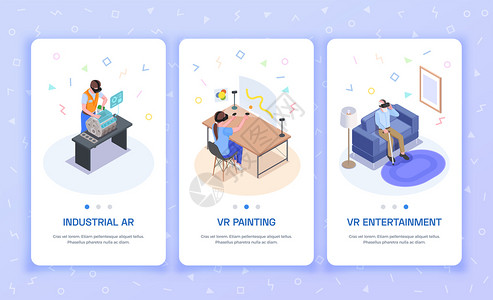 虚拟增强现实3等距垂直横幅与AR工业经验VR绘画娱乐活动背景矢量插图图片