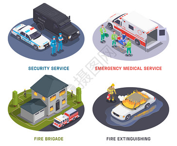 应急服务4等距成与消防队医疗队保安工作矢量插图背景图片