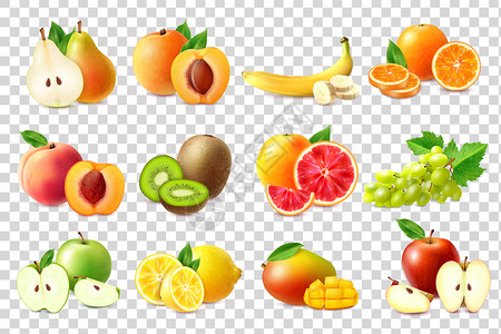 素食餐真实的图标与整个切片水果隔离透明的背景矢量插图插画