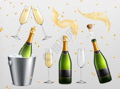 金色香槟香槟逼真的透明与飞溅滴饮用眼镜与瓶冰桶矢量插图插画