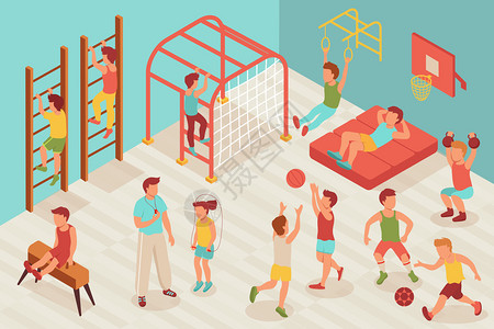 儿童体育健身房等距构成与儿童学校体育馆运动的特征与教师矢量插图背景图片