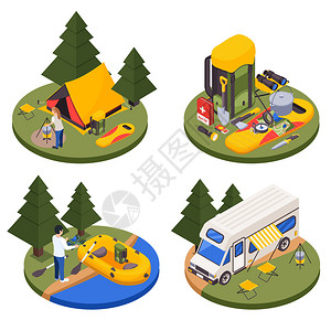 野营徒步旅行等距四个圆形平台与户外构图,树木,帐篷人的矢量插图图片