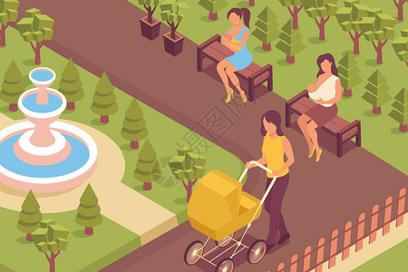 母乳喂养公园等距成与室外景观城市公园车道护理妇女人物与婴儿矢量插图商务办公高清图片素材