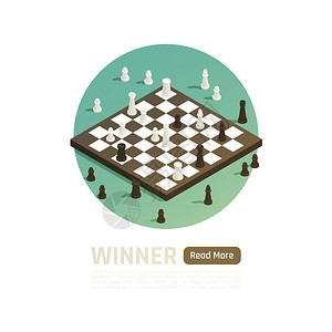 游戏标题胜利者隔离等距彩色构图与胜利者标题国际象棋游戏矢量插图插画