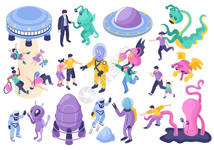 UFO外星人卡通集的神奇怪物追逐儿童成人矢量插图图片