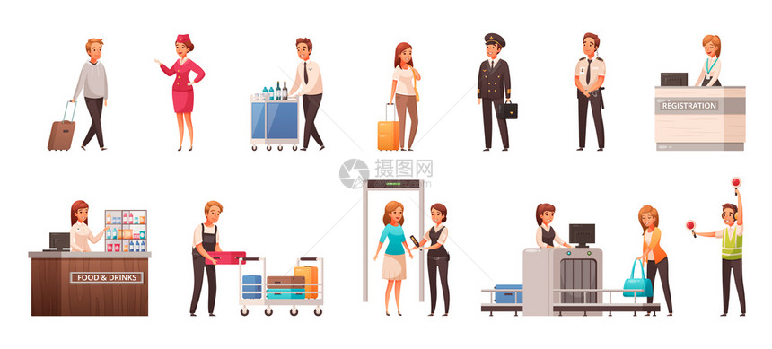 卡通图标乘客工作人员同的情况下机场矢量插图图片
