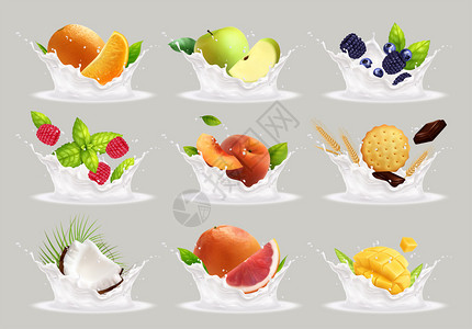 水果牛奶酸奶溅出真实的收集分离的白色酸奶滴整个水果与切片矢量插图图片