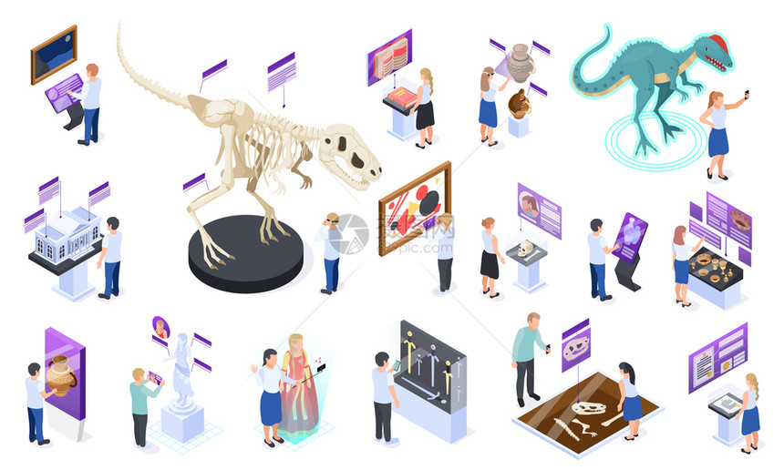 现代博物馆展出交互式数字内容等距图标与龙骨架虚拟现实图像矢量插图图片