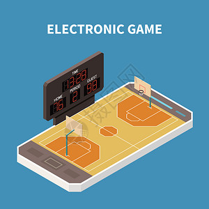 篮球运动领域游戏智能手机等距成的蓝色背景三维矢量插图图片