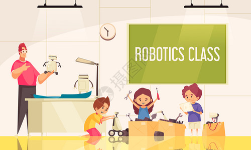 机器人教室机器人课程背景,幼儿教师矢量插图的指导下创作机器人玩具插画
