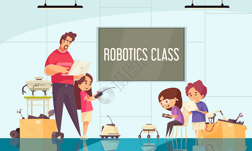 机器人教室机器人类卡通构图,教师演示无人机机器人矢量插图的运动控制插画
