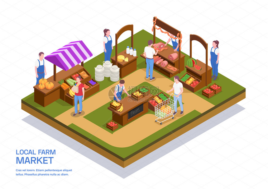 彩色等距构图,农民当地农贸市场销售新鲜肉类水果蔬菜奶制品,三维矢量插图图片