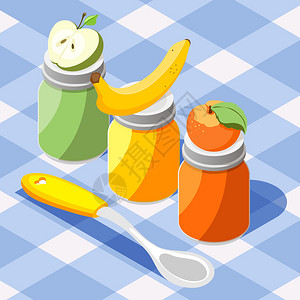 白蝴蝶合果芋婴儿喂养产品等距彩色合物与苹果香蕉桃果果泥罐子桌布背景矢量插图插画