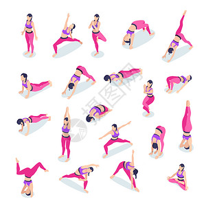 妇女执行伸展健身健身房锻炼运动莲花瑜伽姿势等距图标粉红色裤子矢量插图图片