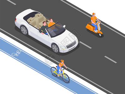 人们用个人运输驾驶骑道路自行车道三维等距矢量插图图片