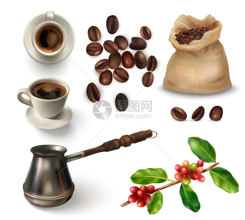 逼真的咖啡图标与煮咖啡豆吐克里什咖啡壶矢量插图图片