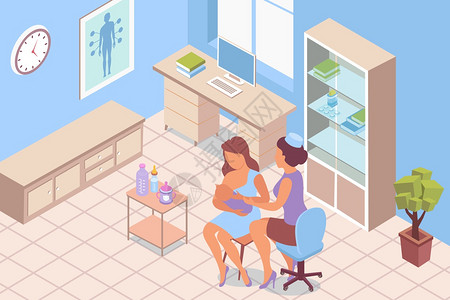 护理学母乳喂养咨询,哺乳等距成与临床室的室内风景与医生护理妇女矢量插图插画