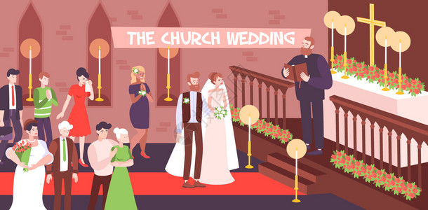 婚礼宗教仪式教堂与夫妇结婚牧师祭坛矢量插图图片