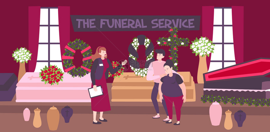 葬礼服务横幅与员工悲伤的家庭选择棺材葬礼花环机构内部平矢量插图图片